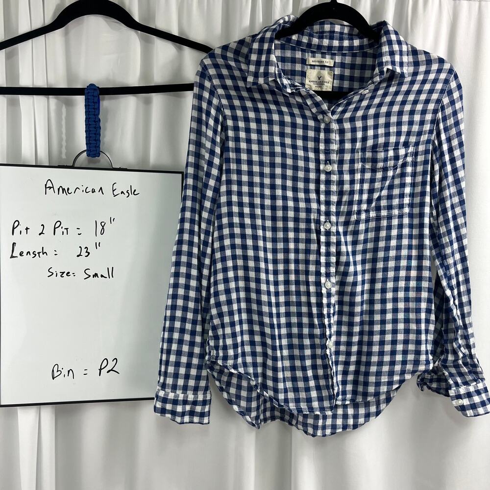 American Eagle Blue/White Plaid Button Down Shirt Women's S Boyfriend Fit Y2K - Picture 2 of 7